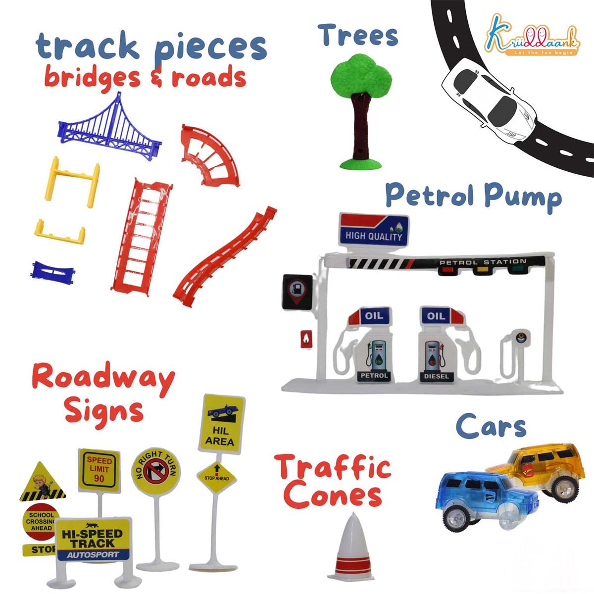 Car Track Medium (84 Pcs) Disney Cars Theme Race Track Set with 2 Diecast Cars, Bridges, Road Signs & Petrol Pump - Battery Operated DIY Racing Play Set for Kids 3+ Years