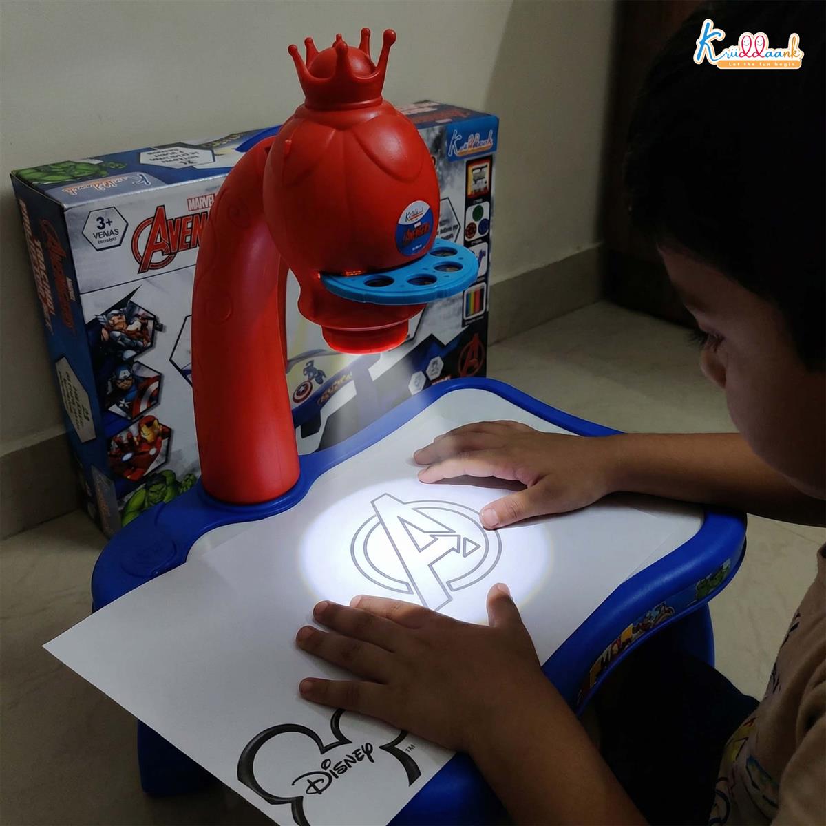 Kriiddaank Avengers Tracing Projector Drawing Set for Kids - Art & Craft Learning Kit with 24 Patterns, 3 Slides & Adjustable Focus - Erasable Drawing Board, Educational Toy for Ages 3+