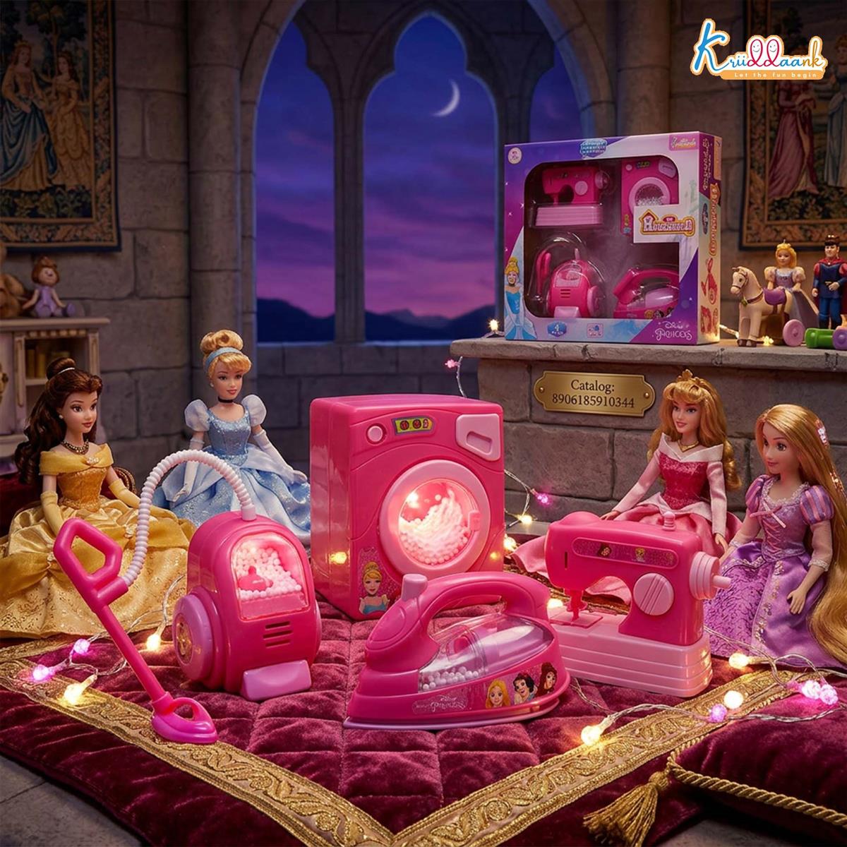 Disney Princess Theme 4pc Household Role Play Set - Includes Toy Washing Machine, Vacuum Cleaner, Iron & Hair Dryer - Educational & Fun Pretend Play Home Decoration Kit for Kids Ages 3+