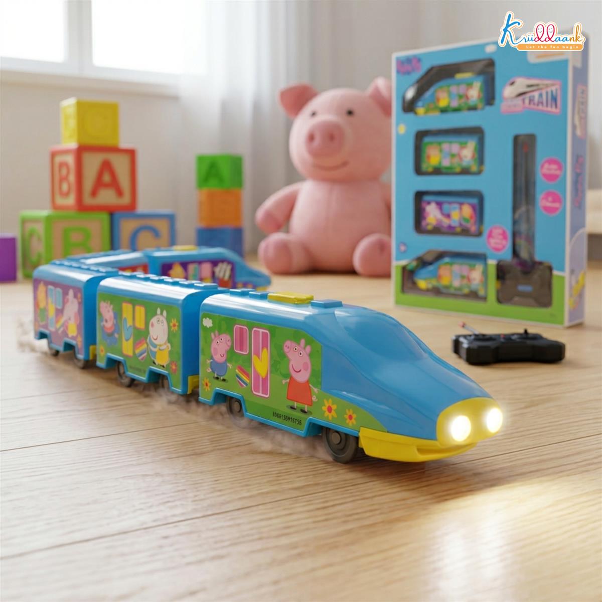 Kriiddaank Peppa Pig Theme RC Train Toy for Kids, Remote Control Express Train with Lights and Sounds, Rechargeable EMU Model Train for Boys & Girls Ages 3+, Light Blue