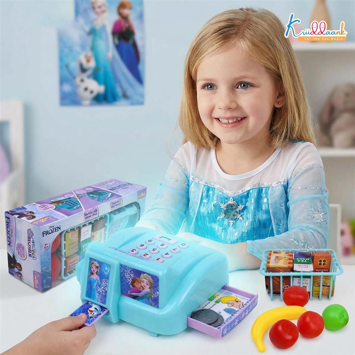 Disney Frozen Cash Register for Kids - 29 Pcs Pretend Play Set with Credit Card Scanner, Music & Sound Effects - Educational Math & Money Learning Toy for Girls & Boys 3+ Years - Turkish Blue