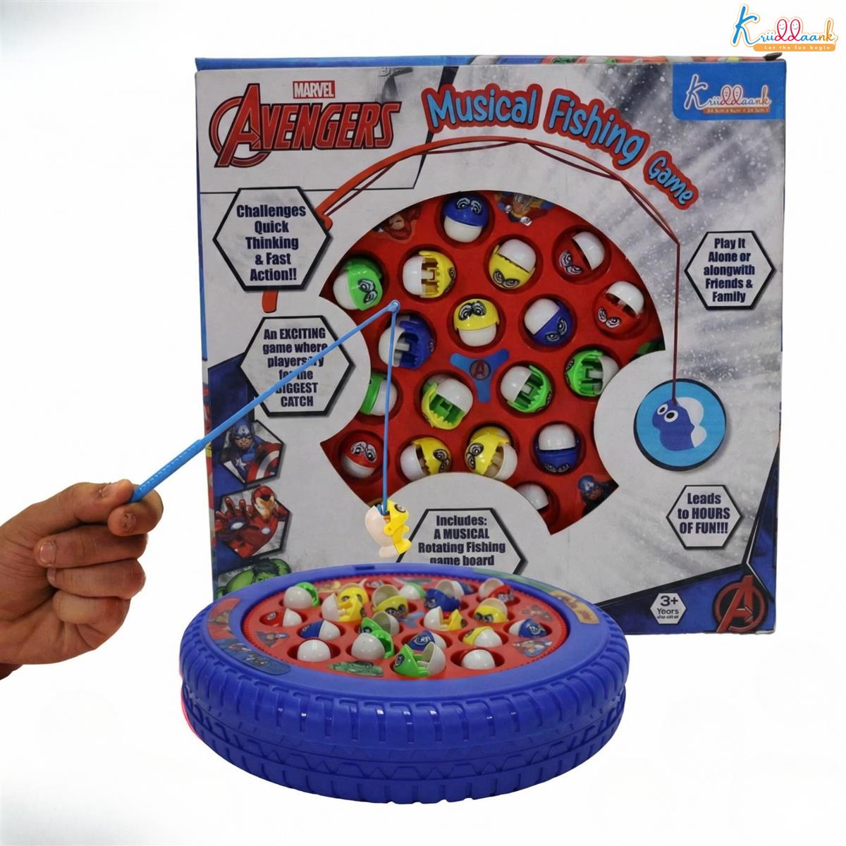 Kriiddaank Marvel Avengers Musical Fishing Game for Kids, Battery Operated Rotating Board with 21 Fishes & 4 Poles, Interactive Educational Toy for Boys & Girls Ages 3+, Red