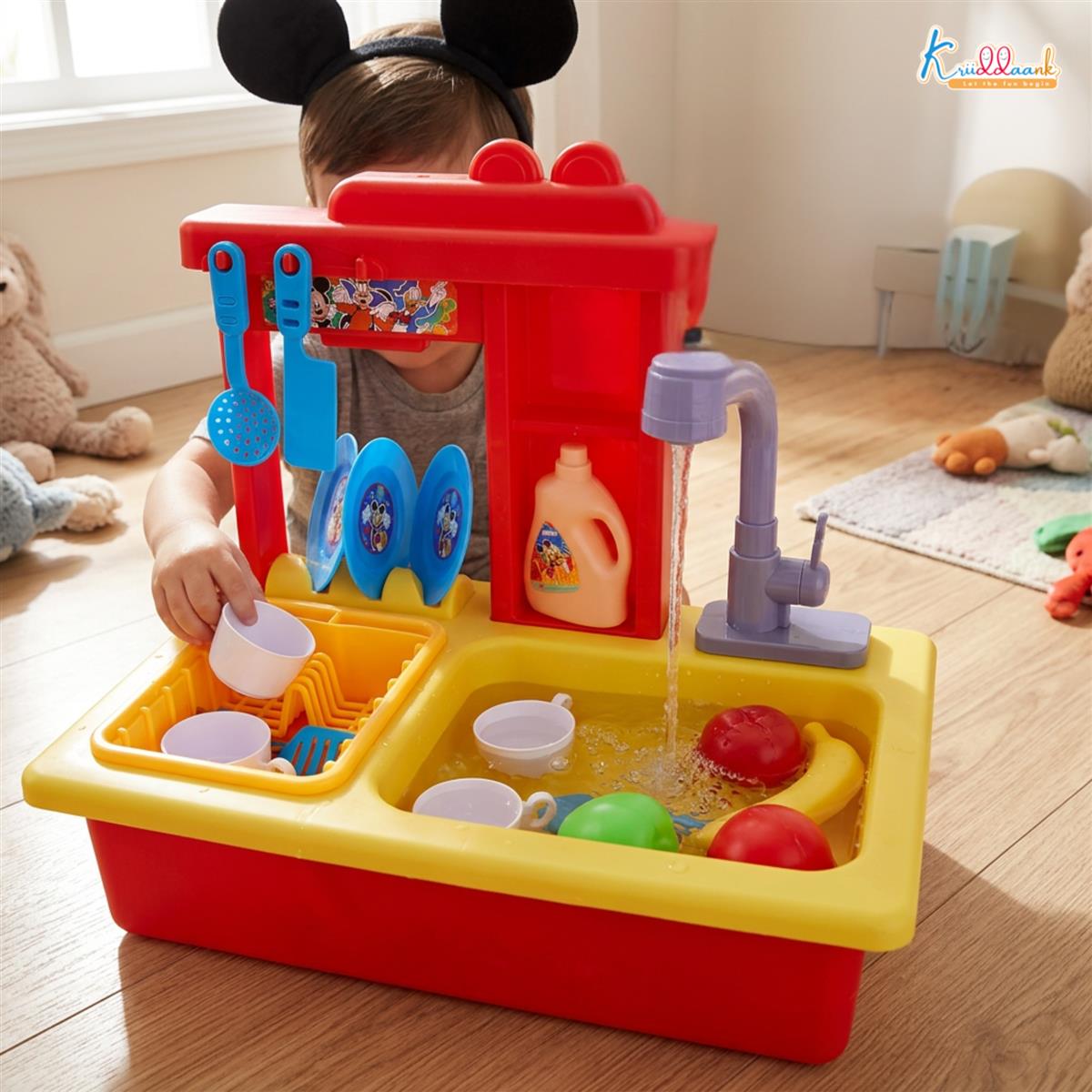 Kriiddaank Mickey Toy Kitchen Sink - 22 Pc Pretend Play Kitchen Set with Electric Running Water Faucet, Automatic Water Recycling System & Dishes - Disney Mickey Theme Role Play Toy for Kids 3+