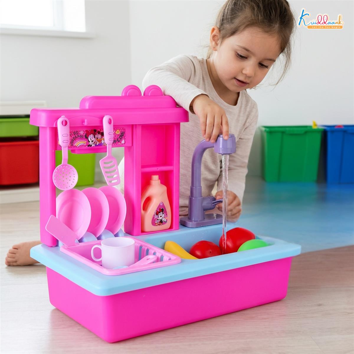 Kriiddaank Minnie Toy Kitchen Sink for Kids - Pretend Play Sink with Electric Faucet & Running Water, 22-Piece Kitchen Accessories Set, Pink Role Play Toy Set for Toddlers and Girls 3+ Years