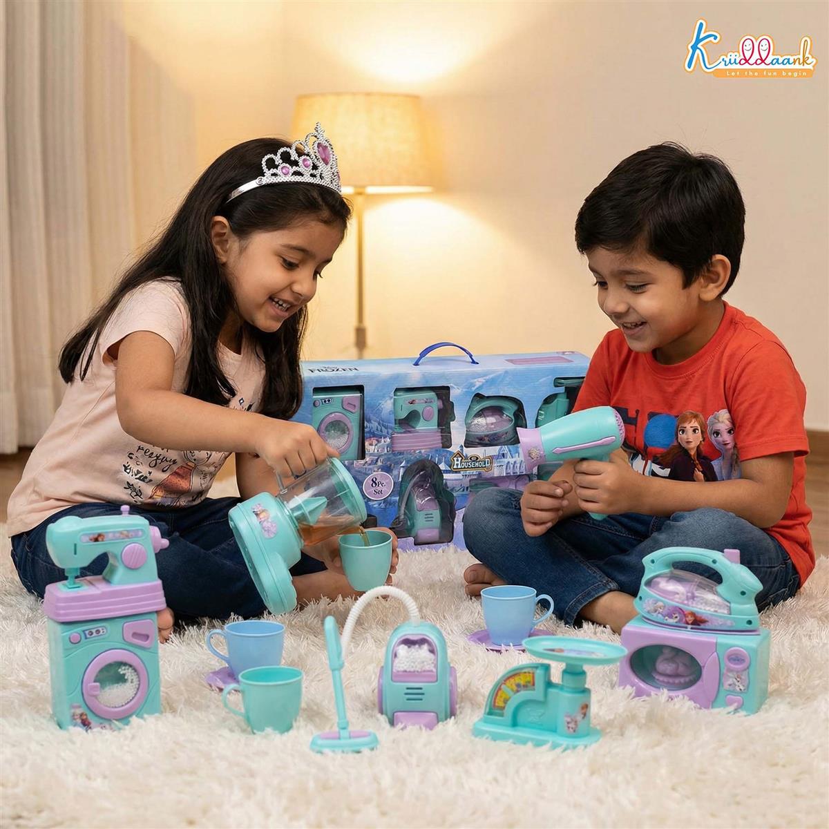Frozen Theme 8-Piece Household Role Play Toy Set for Kids - Interactive Home Appliances Kit including Washing Machine, Vacuum, Microwave & Sewing Machine - Educational Pretend Play for Ages 3+
