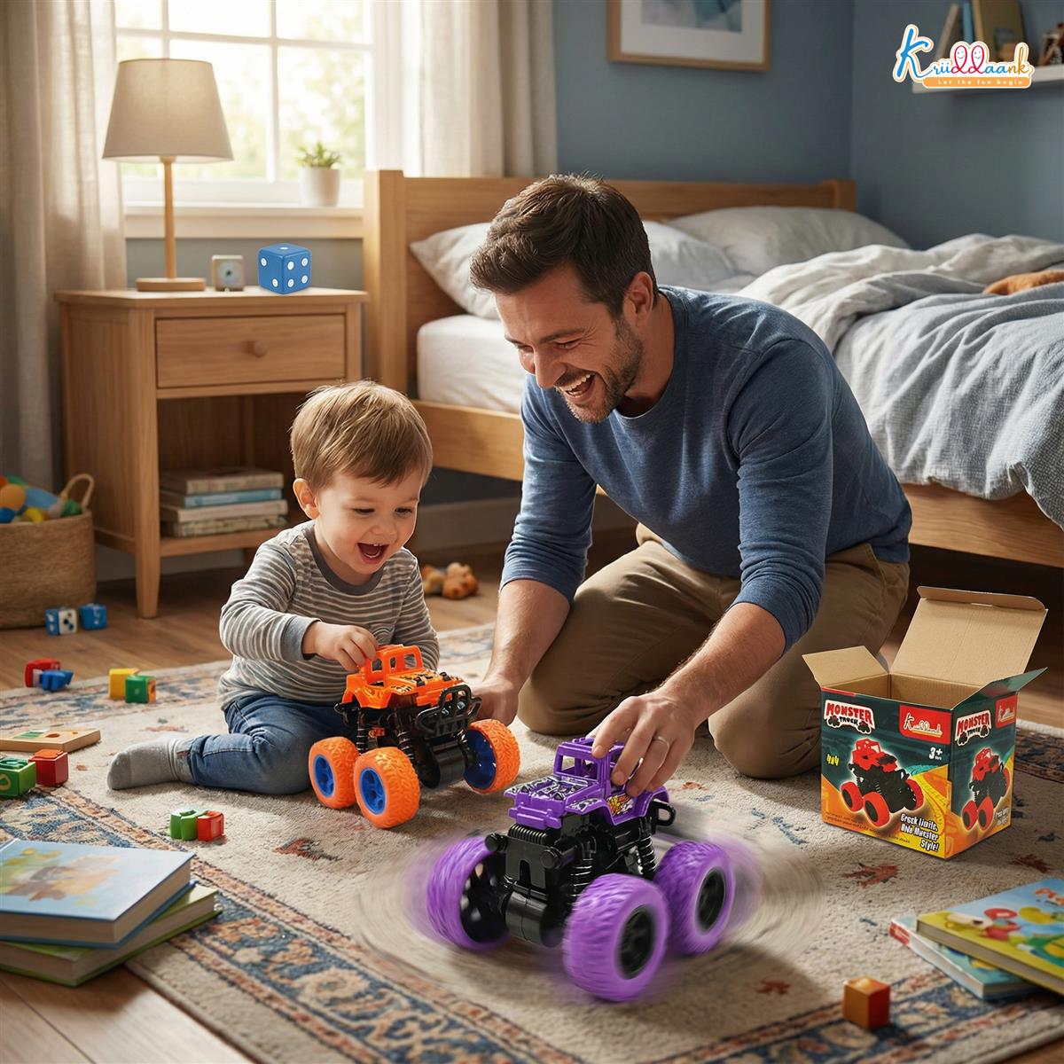 Kriddaank Pack of 2 4x4 Monster Truck for Kids - Friction Powered Stunt Cars with 360Â° Spin Action - 4WD Push and Go Toy Vehicles for Toddlers, Boys & Girls Aged 3-7 Years (Multicolor)