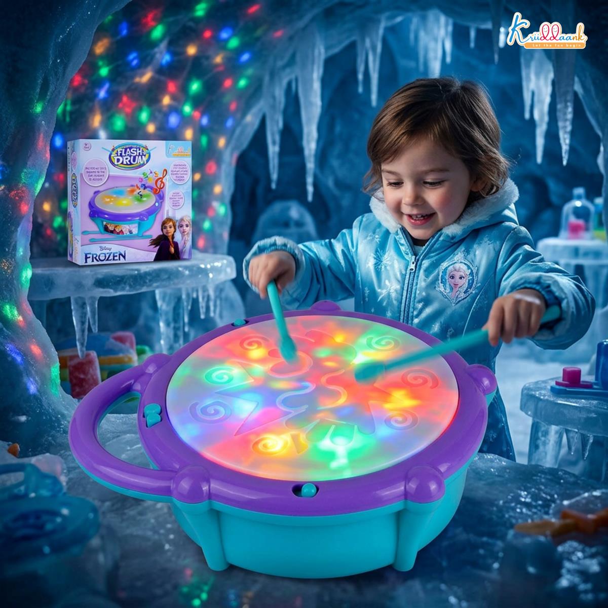 Frozen Elsa & Anna Flash Drum Toy for Toddlers - Battery Operated Musical Instrument with 3D 5-Color LED Lights & 9 Songs - Interactive Educational Toy for Kids Age 3+ Years