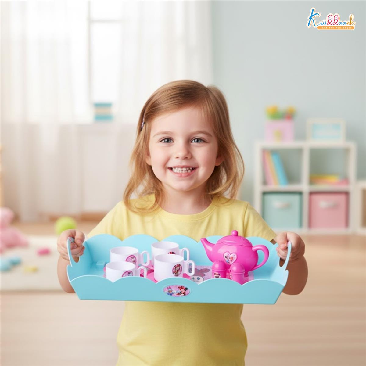 Minnie Tea Trolley Set for Kids - 32 Pcs Pretend Play Tea Party Toy with Electronic Kettle, Lights & Music - Battery Operated Educational Kitchen Set, Pink, Gift for Girls Age 3+