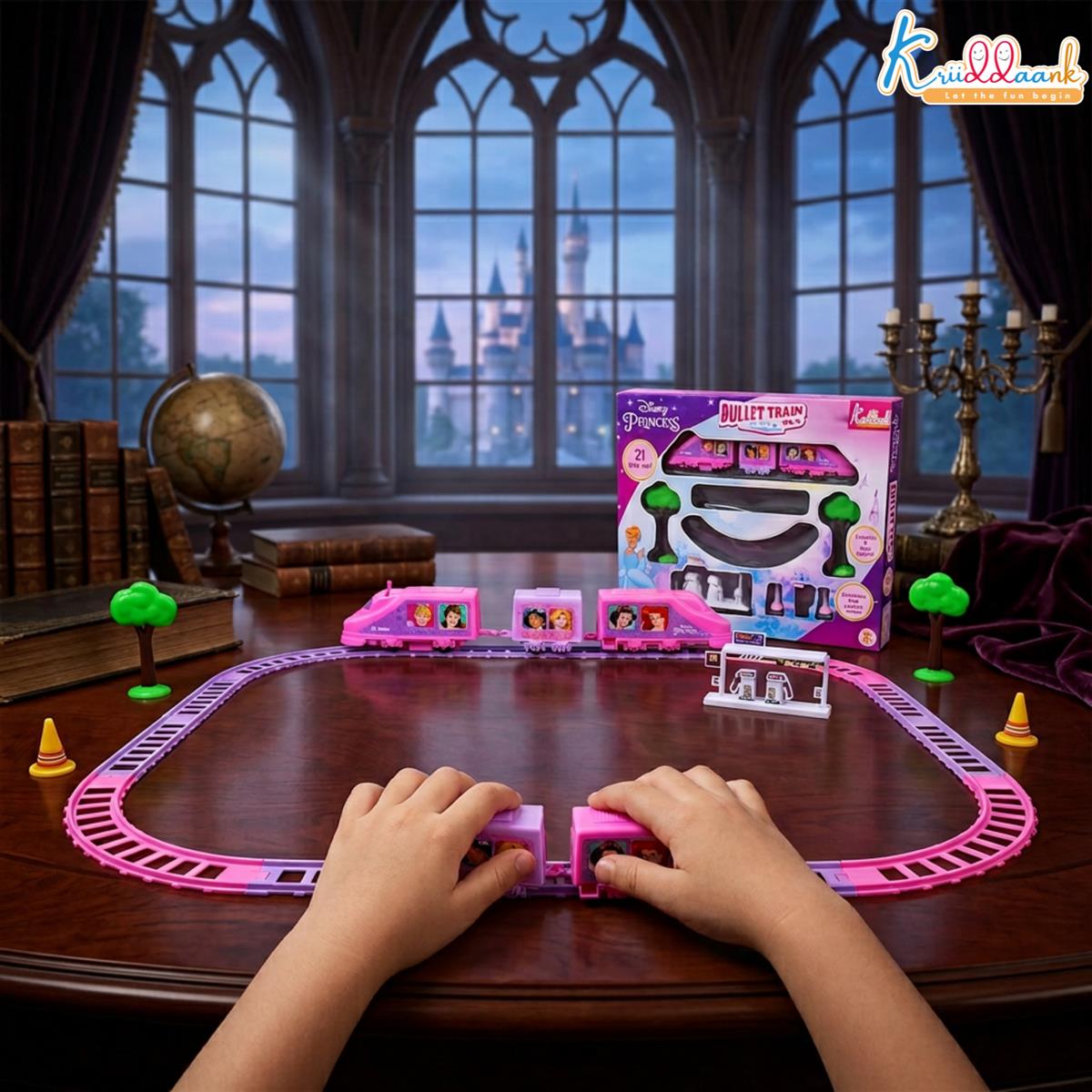 Kriiddaank Princess Train Set for Girls - 21 Pcs Battery Operated Bullet Train with Sound Effects, Easy-to-Assemble Tracks, Educational Motor Skills Toy for Kids 3+ Years, Pink