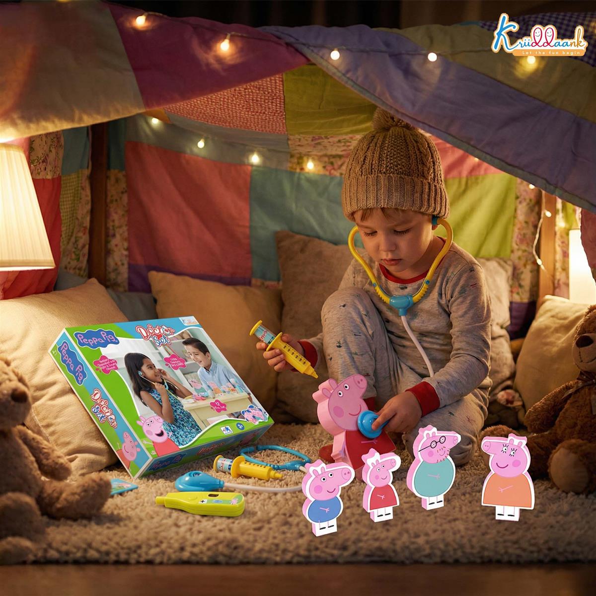 Kriiddaank Peppa Pig Medical Playset with 2D Family Figures, Doctor Kit for Kids Ages 3+, 12 Pcs Toy Set with Stethoscope, Lights & Sound Effects, Educational Pretend Play for Toddlers