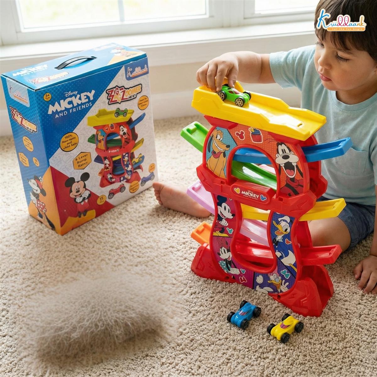 Mickey Zig Zag Zoomer Ramp Racer Car Track for Toddlers | 6-Level Lever Race Set with 4 Mini Vehicles | 15 Piece Educational Toy for Kids 3+ | Non-Toxic Mickey Mouse Themed Play Set