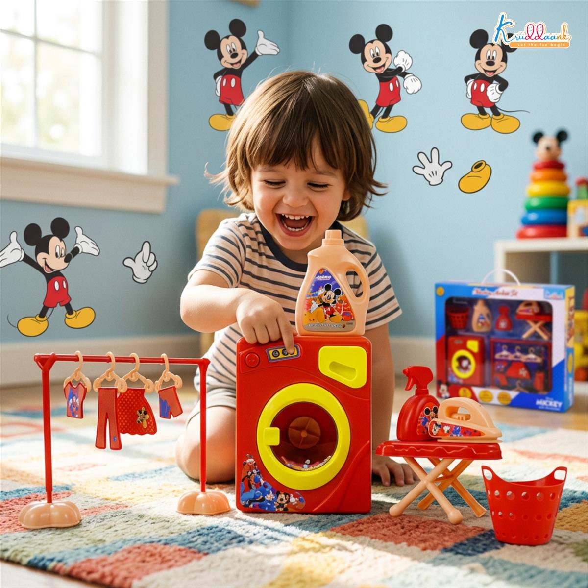 Kriiddaank Disney Mickey Washing Machine Set - 15 Pcs Kids Pretend Play Home Appliances with Music & Accessories - Educational Housekeeping Laundry Toy for Boys & Girls 3+ Years