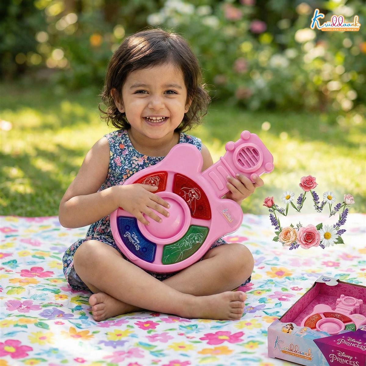 Disney Princess Mini Music Guitar for Kids - Portable Musical Instrument with 4 Buttons, Effective Sounds & Lights - Battery Operated Educational Toy for Toddlers & Girls 3+ Years Old - Pink