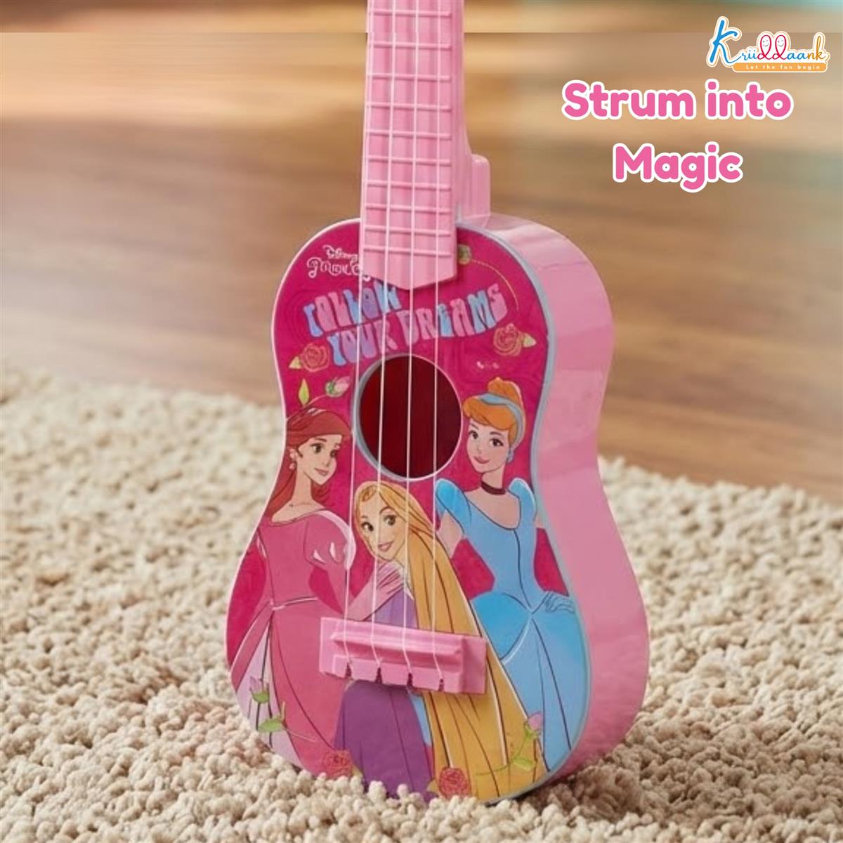 Disney Princess Theme Big Guitar Toy for Girls - 4-String Pink Musical Instrument for Kids Age 3+, Educational & Interactive Play, Perfect Birthday Gift for Little Musicians (57 cm)