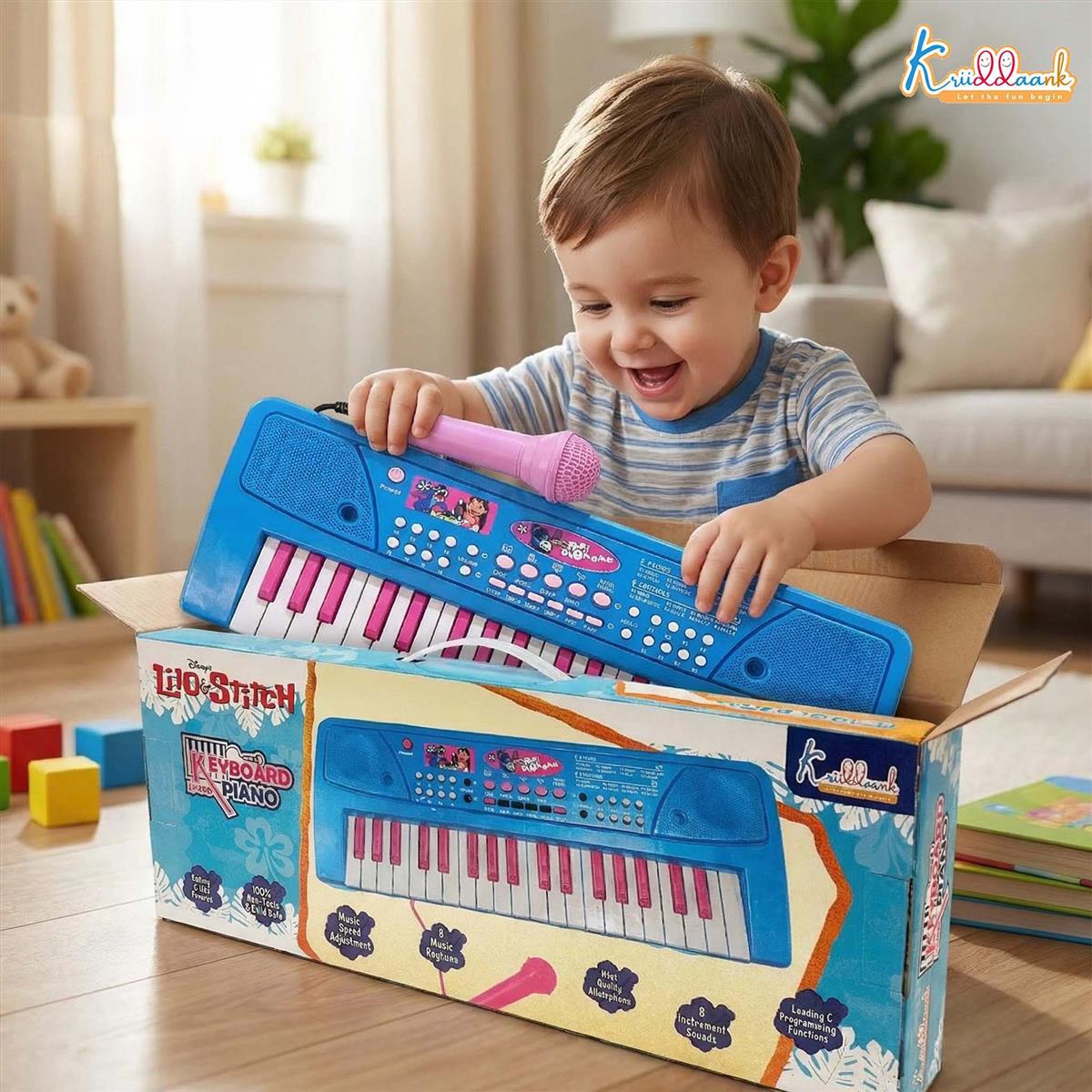 Kriiddaank Stitch Keyboard Piano for Kids - 37 Keys Electronic Organ with Microphone, 8 Rhythms, 8 Instrument Sounds & Tones, USB & Battery Powered, Musical Learning Toy for Boys & Girls 3+ Years