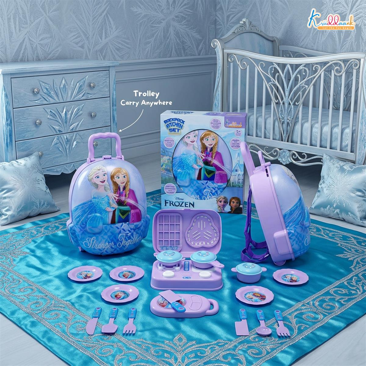 Disney Frozen Backpack Kitchen Gift Set for Kids - 21 Pcs Pretend Play Cooking Set with Music & Accessories - Portable Kitchen Toy for Girls 3+ Years - Turkish Blue
