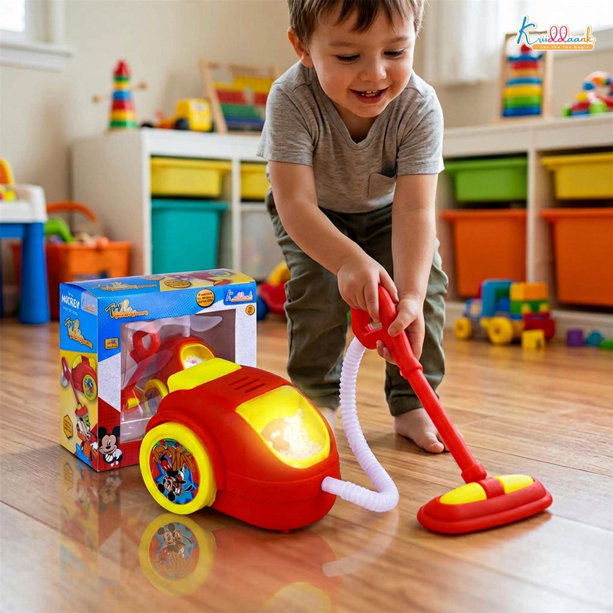 Mickey Theme Mini Vacuum Cleaner for Kids - Educational Pretend Play Toy with Realistic Vibration & Lights - Fun Housekeeping Learning Toy for Toddlers & Disney Fans, 3+ Years (Red)