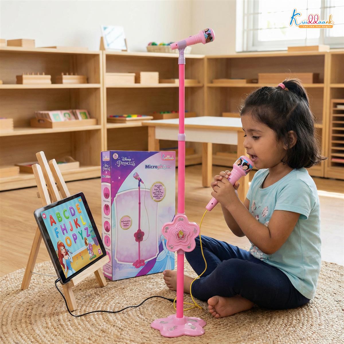 Disney Princess Portable Karaoke Microphone for Kids with Adjustable Stand (Up to 106cm) - Pink Wireless Musical Toy for Girls, Bluetooth & USB Connectivity, Ages 3+