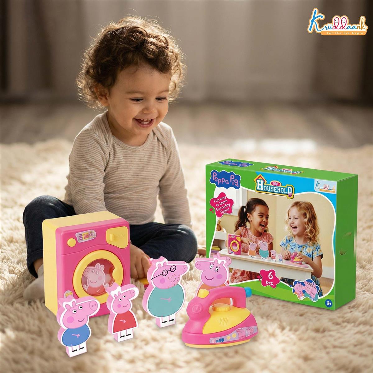 Kriiddaank Peppa Pig Household Set - Washing Machine and Iron Toy with 2D Family Figures George Mummy Daddy Pig, Pretend Play Laundry Set for Preschool Kids Ages 3+, 6 Pieces