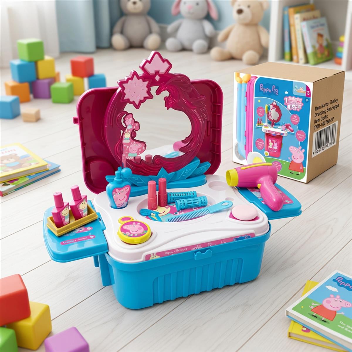 Kriiddaank Peppa Pig Dressing Set & Makeup Trolley Kit for Girls, 15 Pcs Pretend Play Beauty Set with Music & Lights, Educational Role Play Toy for Kids 3+ Years (Pink)