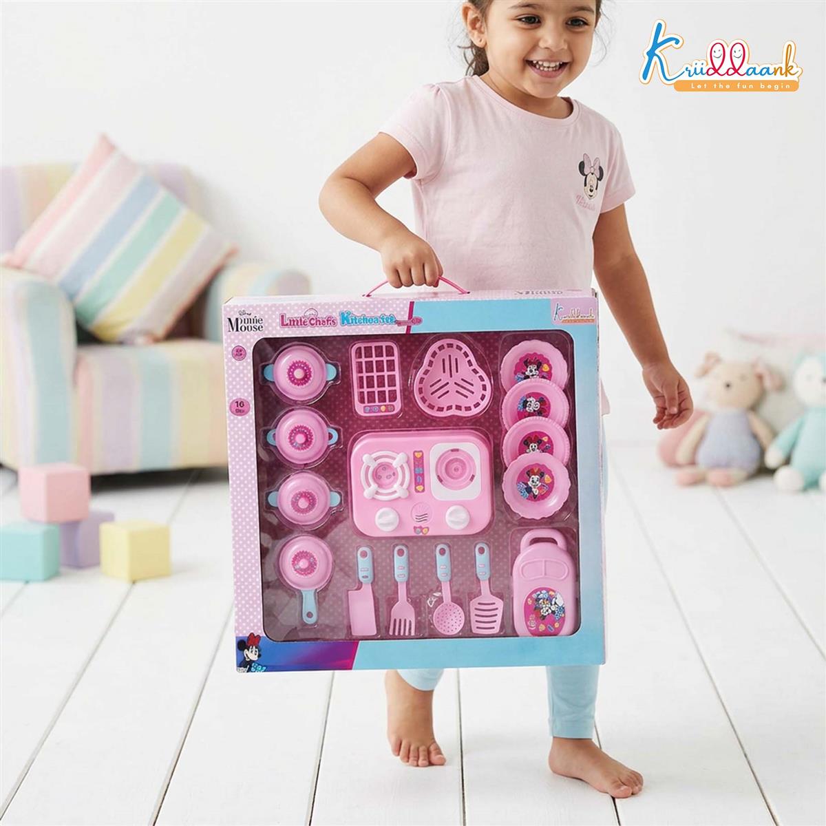 Kriiddaank Minnie Mouse Theme Little Chef's Kitchen Set for Girls - 16 Pcs Pretend Play Cooking Toy with Lights & Sound Effects, Portable Interactive Kitchen Playset for Kids Age 3+ Years (Pink)