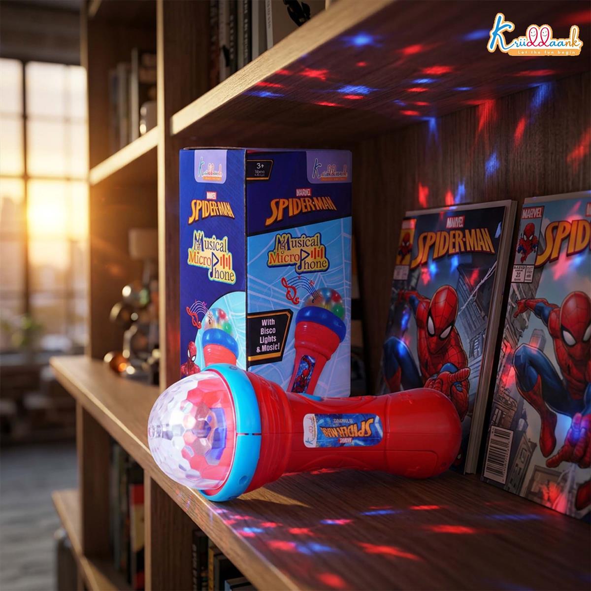 Kriiddaank Spiderman Musical Karaoke Microphone for Kids with Rotating Disco Lights & Projector - Educational Musical Toy for Boys & Girls 3+ Years, Sound Effects, Battery Operated, Blue