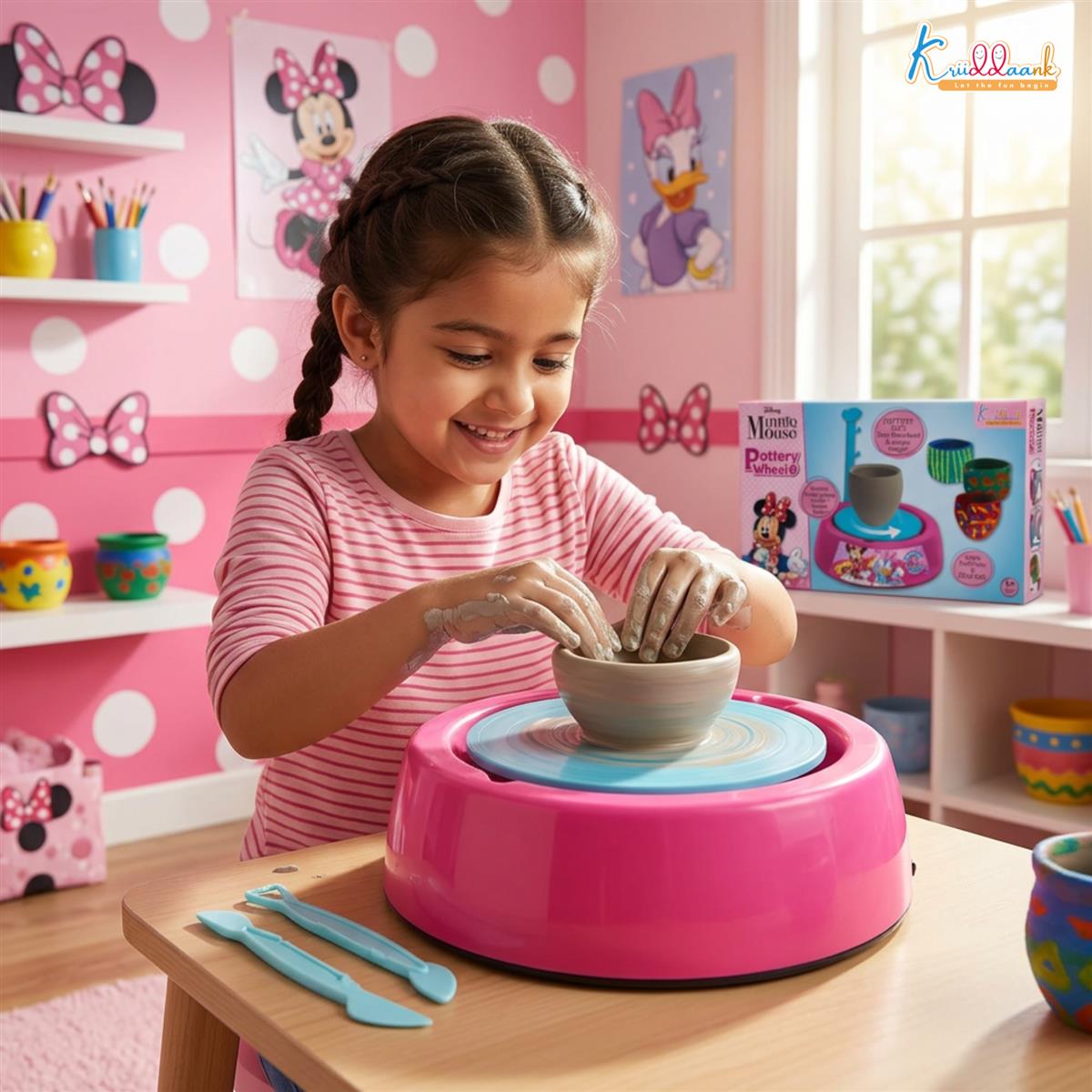 Minnie Pottery Wheel Modeling Set for Kids - Complete DIY Clay Sculpting Art & Craft Kit with 800g Clay, 6 Acrylic Paints & Tools - Educational Musical Toy for Girls Age 8+