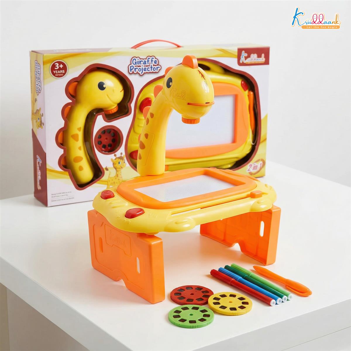 Kriiddank Giraffe Toy Projector Drawing Set for Kids - 2-in-1 Art Table & Writing Board with 24 Patterns, 3 Slides, Markers & Eraser - Educational Creative Tracing Toy for Boys & Girls 3+ Years