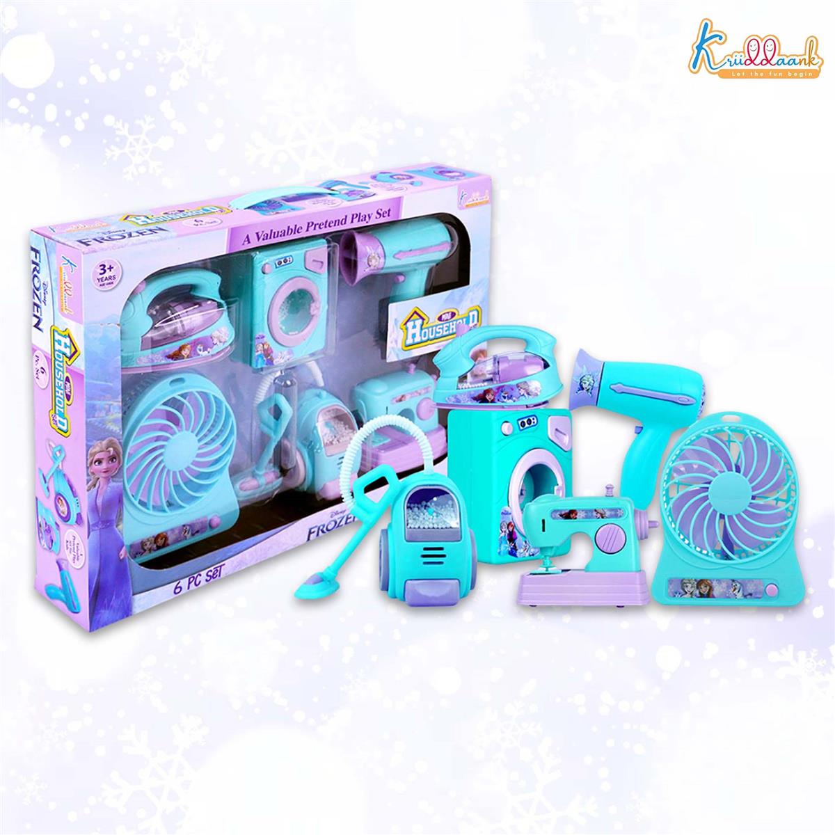 Frozen Theme Household 6pc Role Play Home Set - Battery Operated Kids Home Appliances with Washing Machine, Vacuum Cleaner, Sewing Machine & Fan - Educational Toy Gift for Kids 3+ Years (Multicolor)