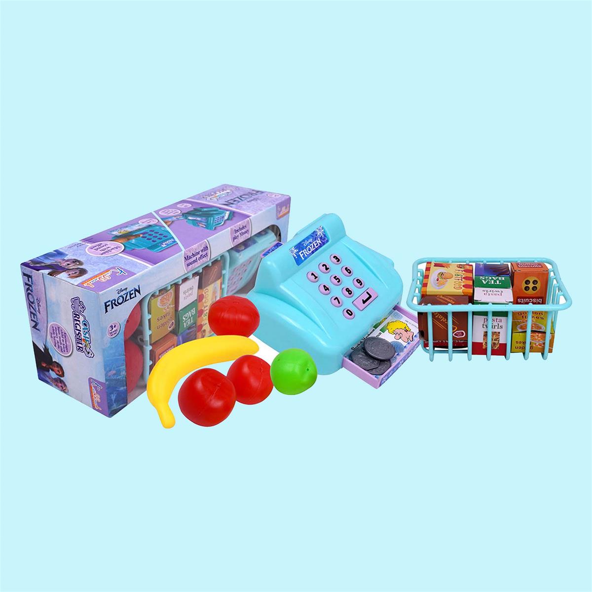 Disney Frozen Cash Register for Kids - 29 Pcs Pretend Play Set with Credit Card Scanner, Music & Sound Effects - Educational Math & Money Learning Toy for Girls & Boys 3+ Years - Turkish Blue