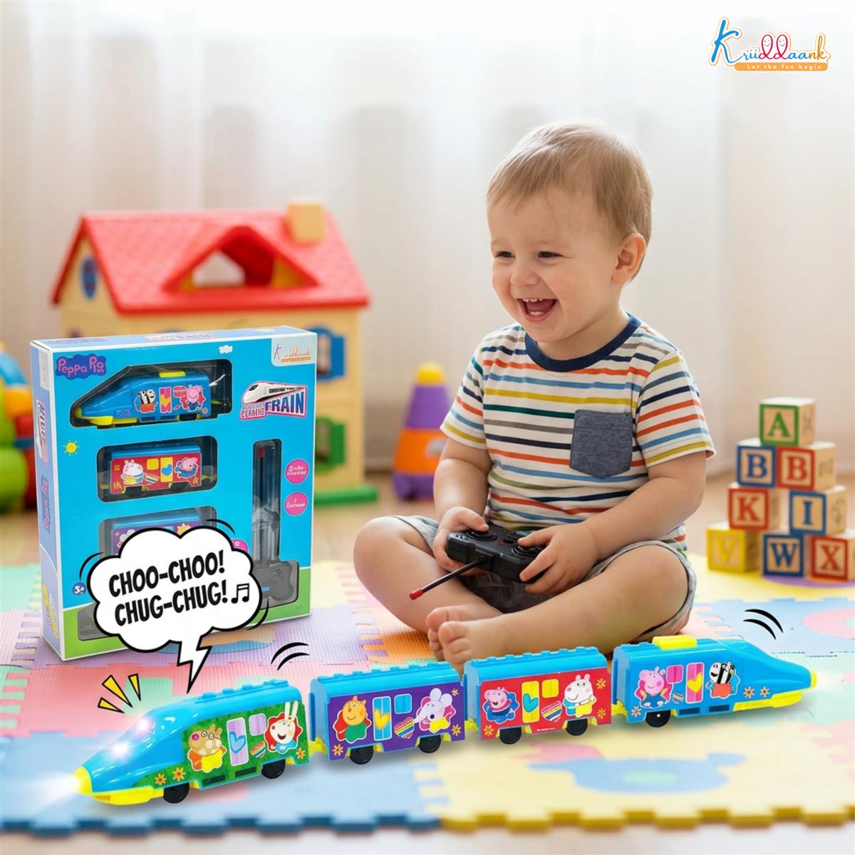 Kriiddaank Peppa Pig Theme RC Train Toy for Kids, Remote Control Express Train with Lights and Sounds, Rechargeable EMU Model Train for Boys & Girls Ages 3+, Light Blue
