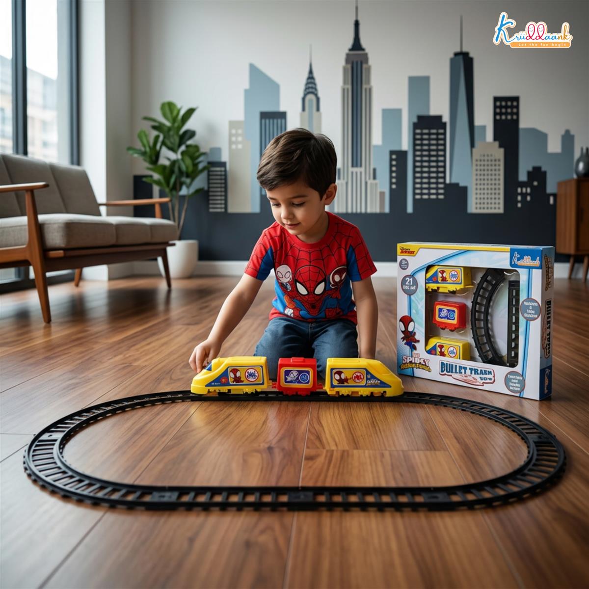 Kriiddaank Marvel Spiderman Train Set for Boys - 11 Piece Superhero Battery Operated Toy Train with Easy-to-Assemble Tracks & Sound Effects, Red & Blue Action Toy Gift for Kids (Ages 3+)