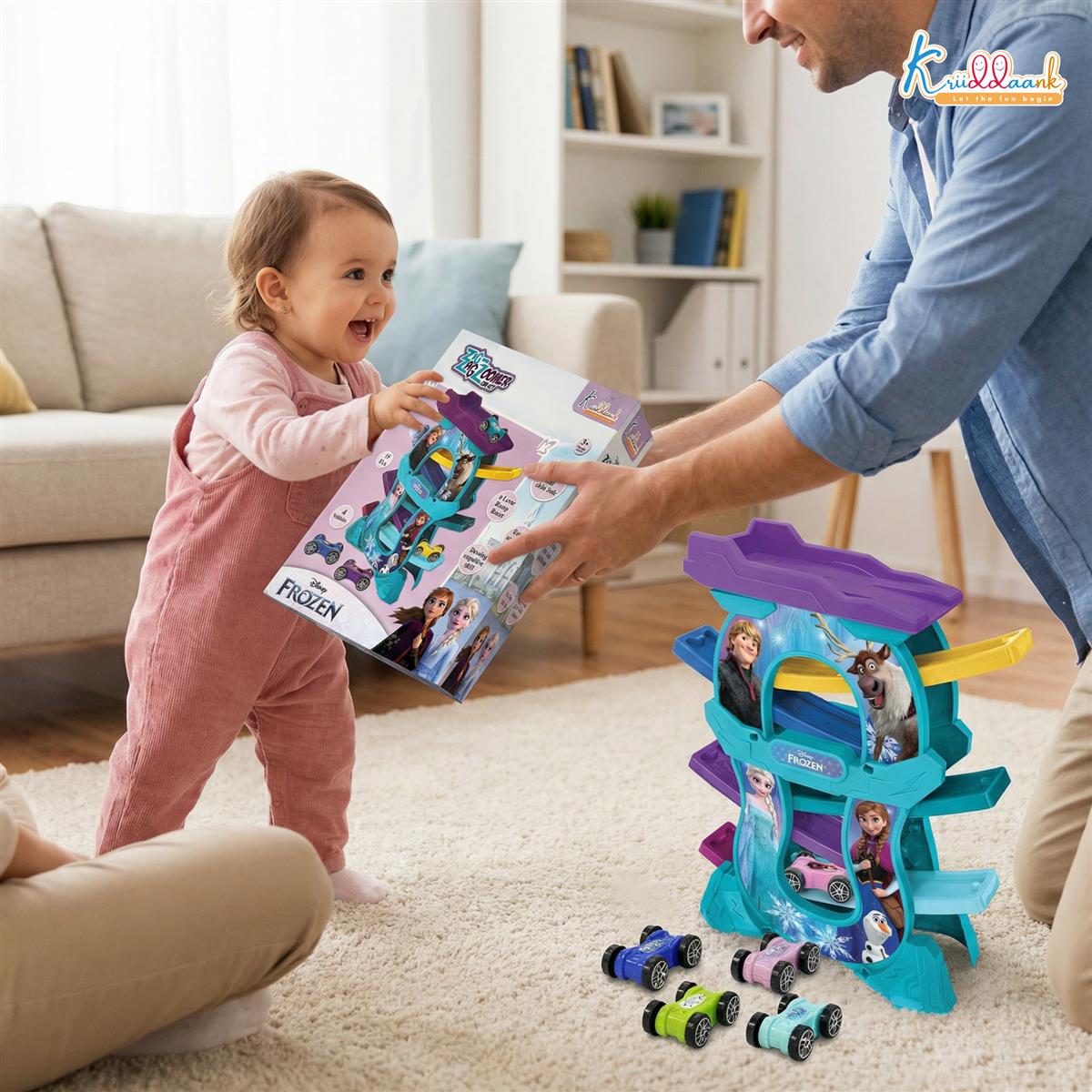 Frozen Zig Zag Zoomer Ramp Racer Car Track for Toddlers - 6-Level Lever Race Track with 4 Mini Vehicles - Educational Building Set for Kids 3+ - Non-Toxic & Safe (15 Pieces)