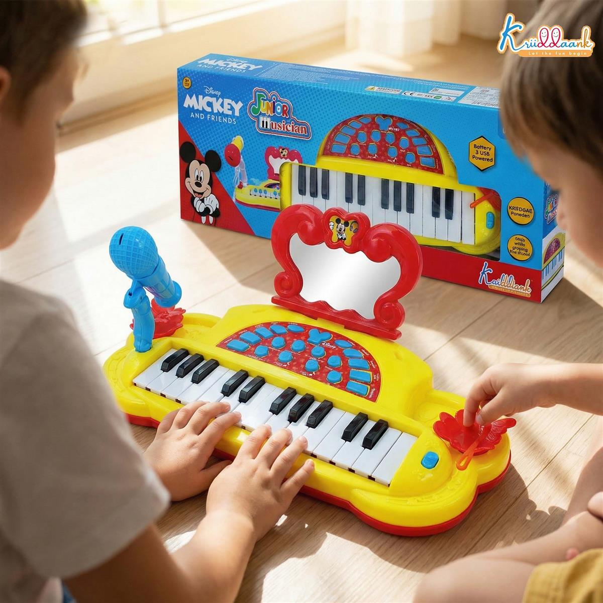 Mickey Mouse Theme Junior Musician Piano & Drum Set for Kids | Karaoke Microphone, 25 Songs & MP3 Connectivity | Early Learning Musical Toy for Toddlers 3+ | USB & Battery Powered (Red)