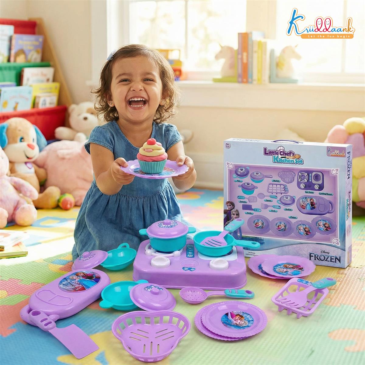 Kriiddaank Frozen Little Chef Kitchen Set for Kids - 16 Pcs Pretend Play Cooking & Baking Toy with Lights & Music, Portable Kitchen Playset for Toddlers & Girls Age 3+ Years (Multicolor)