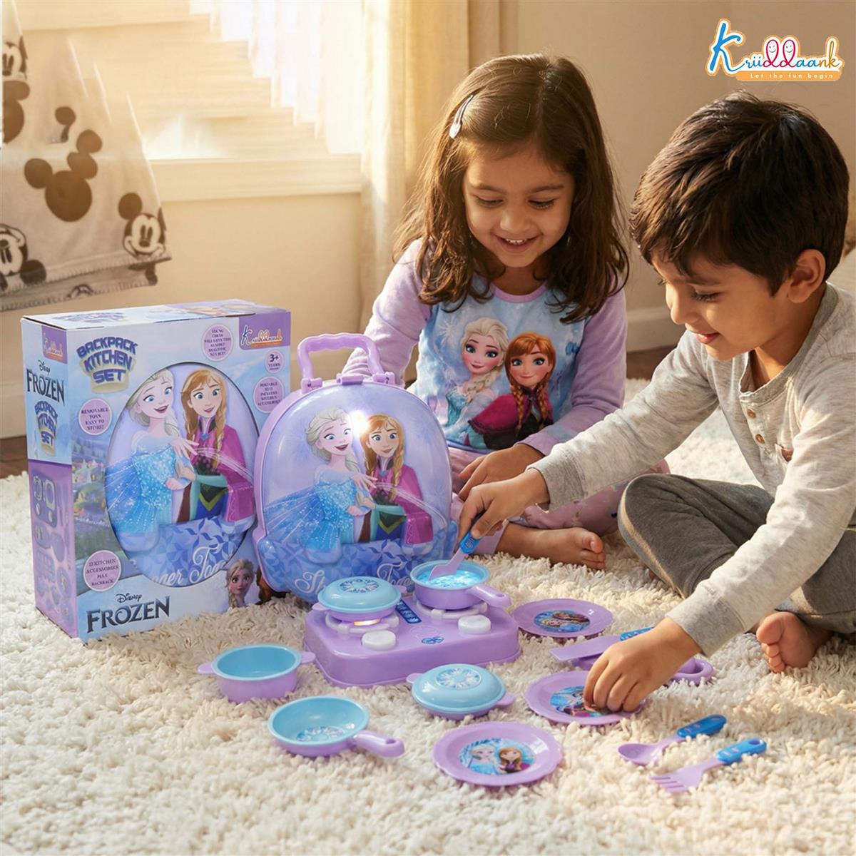 Kriiddaank Frozen Backpack Kitchen Set for Kids - 21 Pcs Pretend Play Cooking Toy with Music & Accessories, Portable Carry Case Playset for Girls 3+ Years (Turkish Blue)