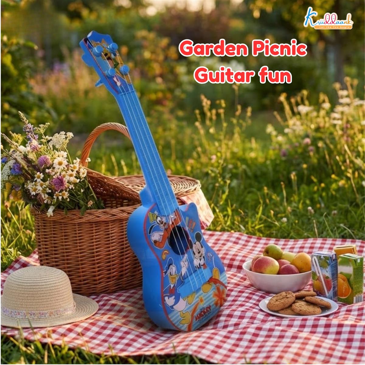Disney Mickey Mouse Small Guitar for Kids - 4 String Toy Musical Instrument with Adjustable Tension, Fingerstyle Tab & Pick - Portable, Safe & Educational Gift for Boys & Girls Ages 3+