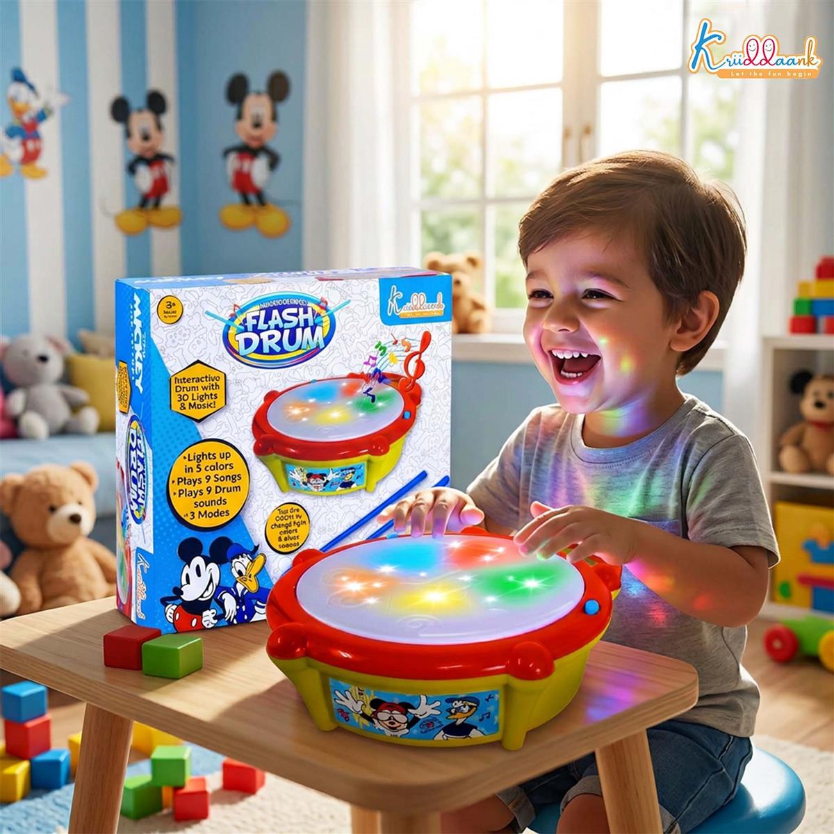 Disney Mickey Mouse Flash Drum Musical Toy for Kids - Interactive 3D Lights, 9 Songs & 9 Drum Sounds, 3 Play Modes - Educational Musical Instrument for Toddlers 3+ Years