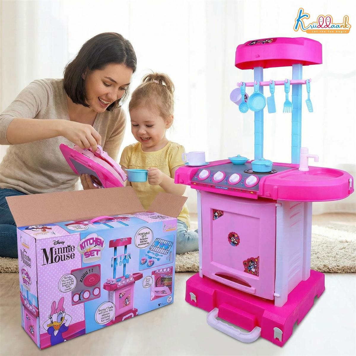 Kriiddaank Minnie Themed Kitchen Set for Kids - Disney Pretend Play Cooking Toy with Lights & Sound, Oven, Gas Stove, Sink & 18 Accessories, Pink Kitchen Playset for Girls 3+ Years