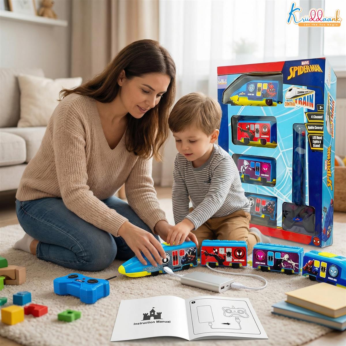 Kriiddaank Spiderman Theme RC Train Toy for Kids, Remote Control Rechargeable EMU Express Train with LED Lights & Realistic Sounds, Superhero Railway Toy for Boys & Girls (Blue)