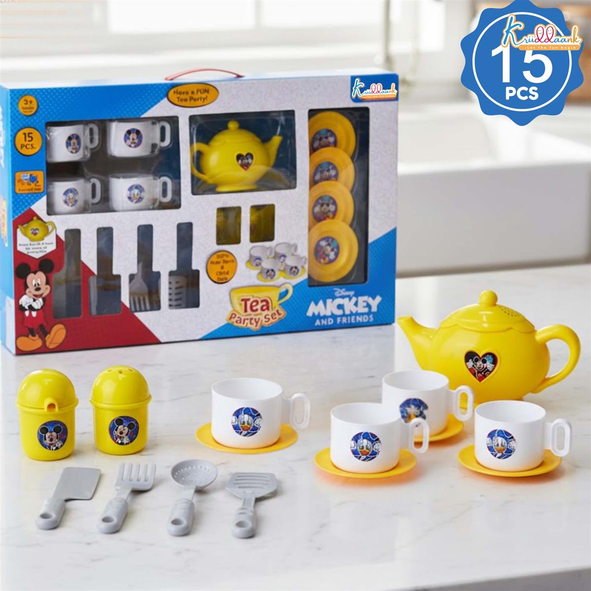 Disney Mickey Tea Party Set for Kids - 15 Pcs Pretend Play Kitchen Toy with Electronic Kettle, Realistic Boiling Sounds & Lights - Safe & Durable Tea Set with Cups & Saucers for Ages 3+