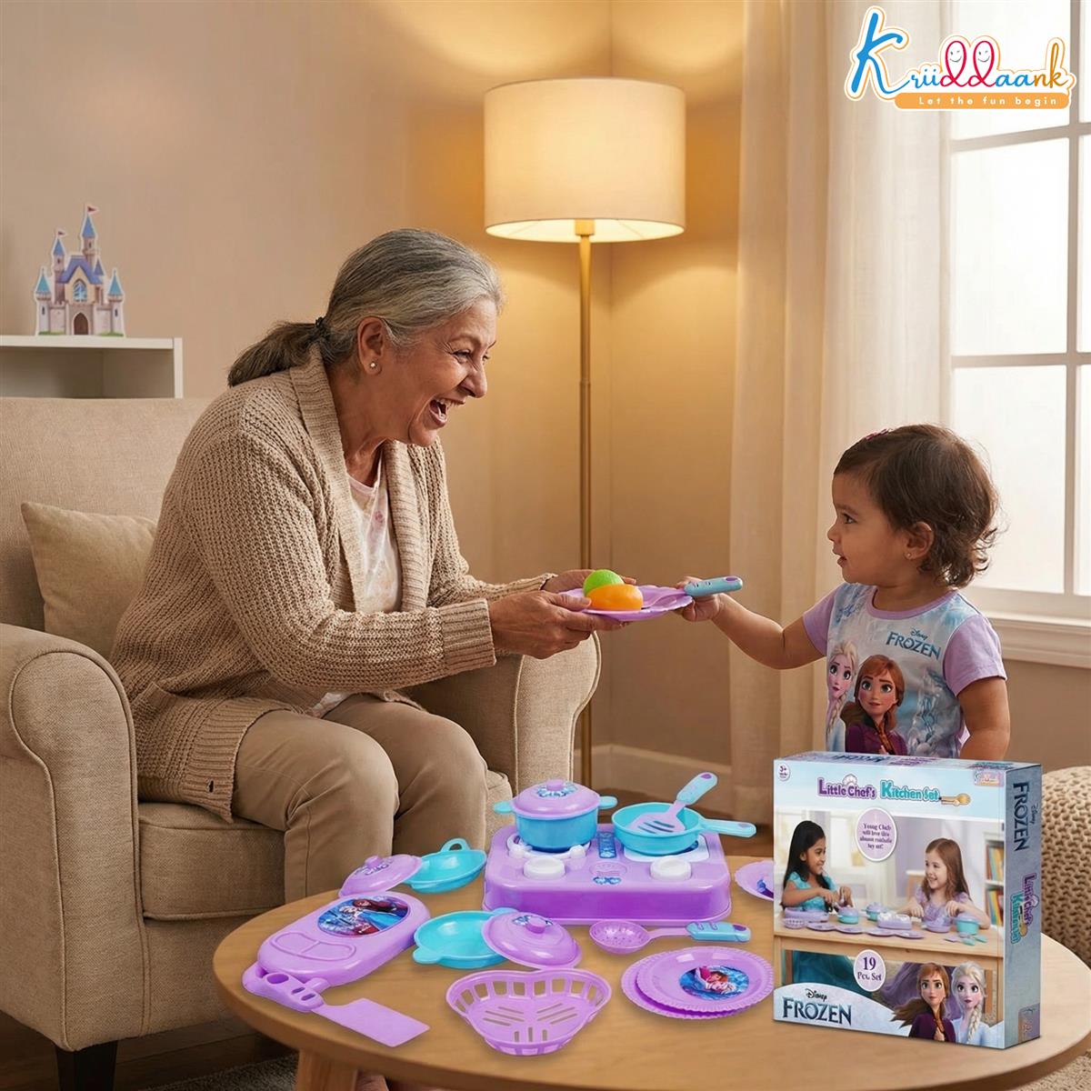 Kriiddaank Frozen Little Chef Kitchen Set for Kids - 19 Pcs Princess Theme Pretend Play Cooking Toy Set - Non-Electronic Safe Educational Kitchen Toys for Girls & Boys Ages 3+ Years