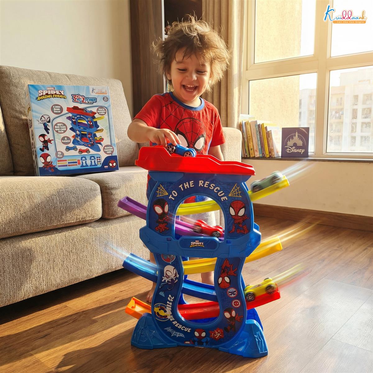 Zig Zag Zoomer Spiderman Ramp Racer Car Set for Kids 3+ Years - 6-Level Zig-Zag Racing Track with 4 Vehicles - 16 Pcs Battery Operated Educational Toy - Non-Toxic Blue Car Playset