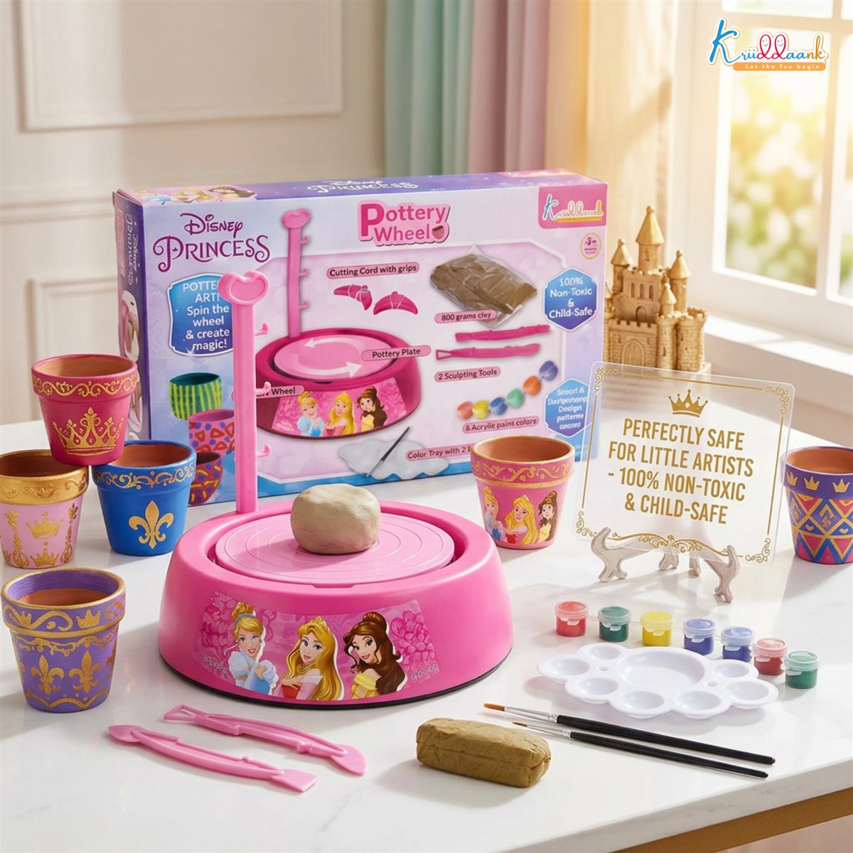Disney Princess Theme Pottery Wheel Kit - Complete Fairy Tale Clay Art & Crafts Set with 800g Clay, 6 Acrylic Paints, Sculpting Tools & Music - Creative DIY Pottery Studio for Girls 8+ Years