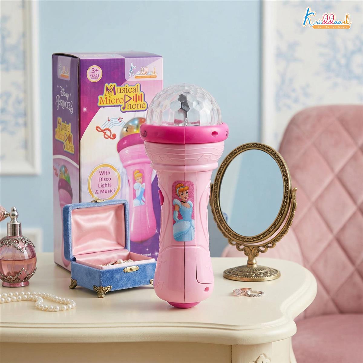 Kriiddaank Disney Princess Musical Microphone for Kids - Pink Karaoke Singing Mic with Rotating Disco Lights & Projector, Interactive Sound Toy for Girls 3+ Years, Ideal Birthday Gift