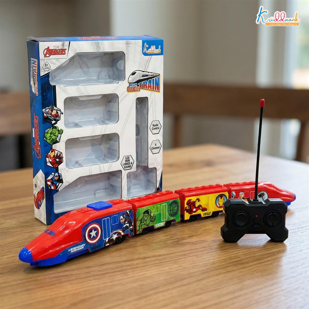 Kriiddaank Avengers Theme RC Train Toy for Kids - Rechargeable Remote Control EMU Express Train with LED Lights & Sound Effects, Superhero Railway Set for Boys & Girls 3+ Years (Blue)