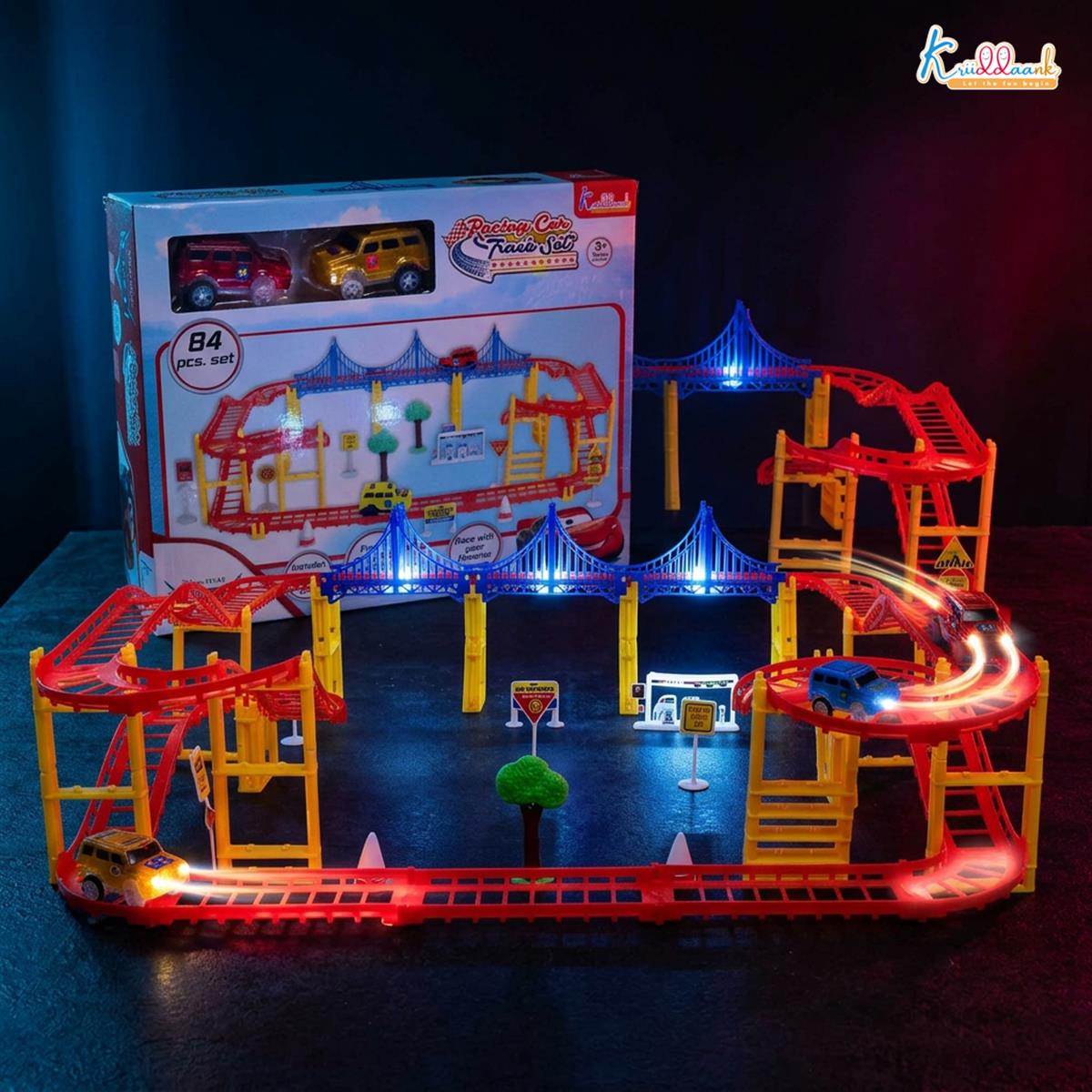 Car Track Medium (84 Pcs) Disney Cars Theme Race Track Set with 2 Diecast Cars, Bridges, Road Signs & Petrol Pump - Battery Operated DIY Racing Play Set for Kids 3+ Years