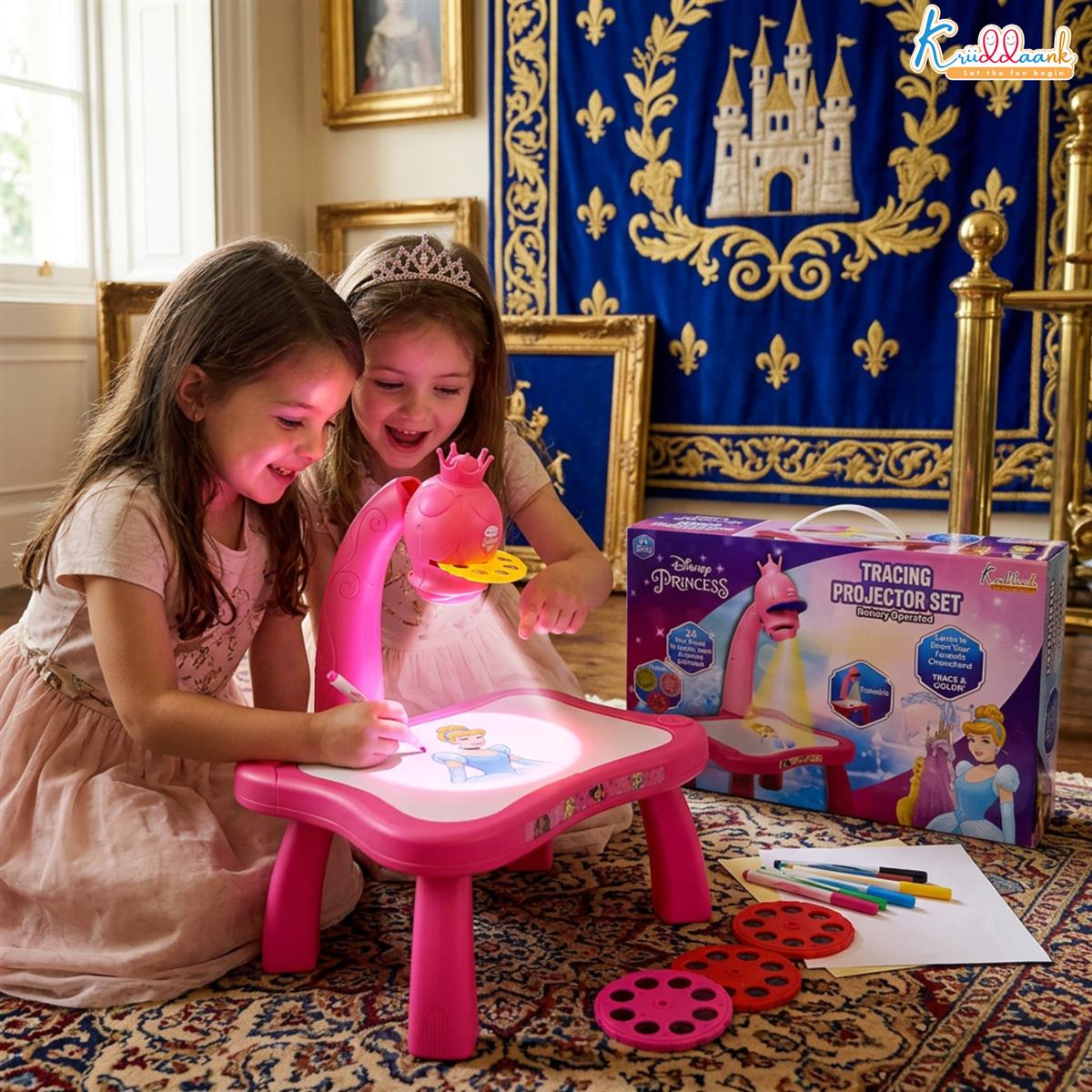 Kriiddaank Disney Princess Tracing Projector for Kids - Drawing Set with 24 Patterns, Stencils & Markers - Creative Art Toy for Girls 3+ Years, Adjustable Focus, Pink Battery Operated Drawing Desk