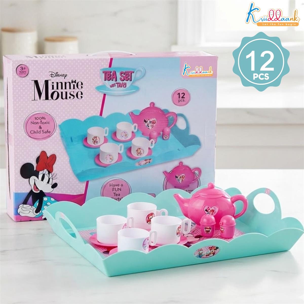 Minnie Tea Playset for Kids Aged 3+ | 12-Piece Pretend Play Tea Party Set with Electronic Kettle, Boiling Sounds & Lights | Safe & Non-Toxic Educational Kitchen Toy Gift for Toddlers