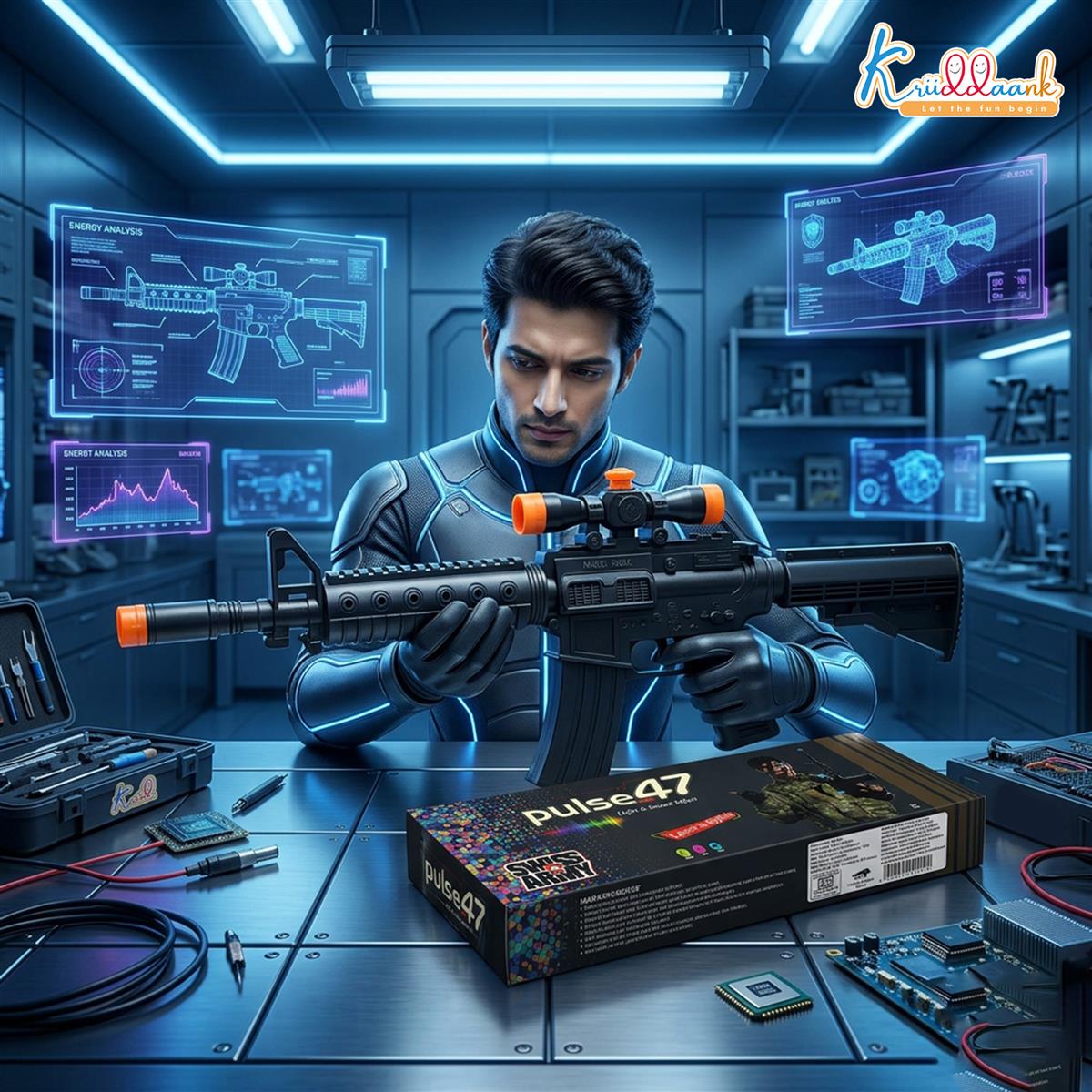 Kriiddank AK-47 Style Toy Rifle - Realistic Battery Operated Soft Bullet Blaster with Lights, Sound & Bayonet - Safe Action Shooting Playset for Kids 3+ Years, Multicolor